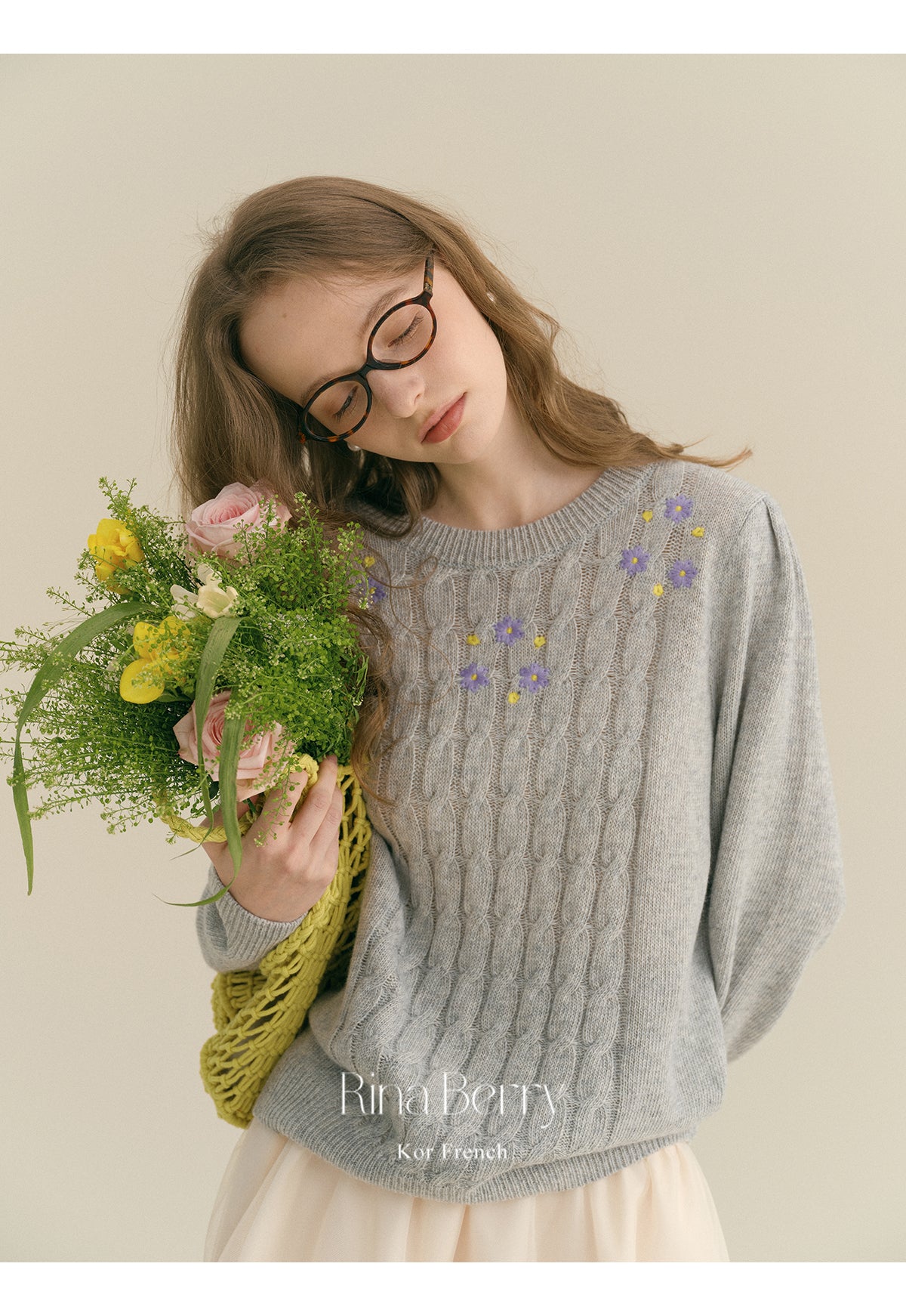 Soft Wool-Blend Cable Knit With Floral Detail
