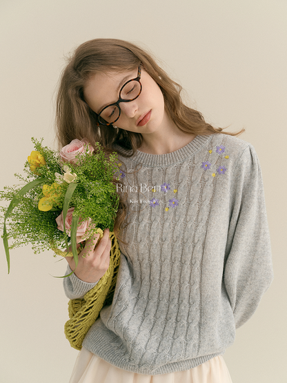 Soft Wool-Blend Cable Knit With Floral Detail