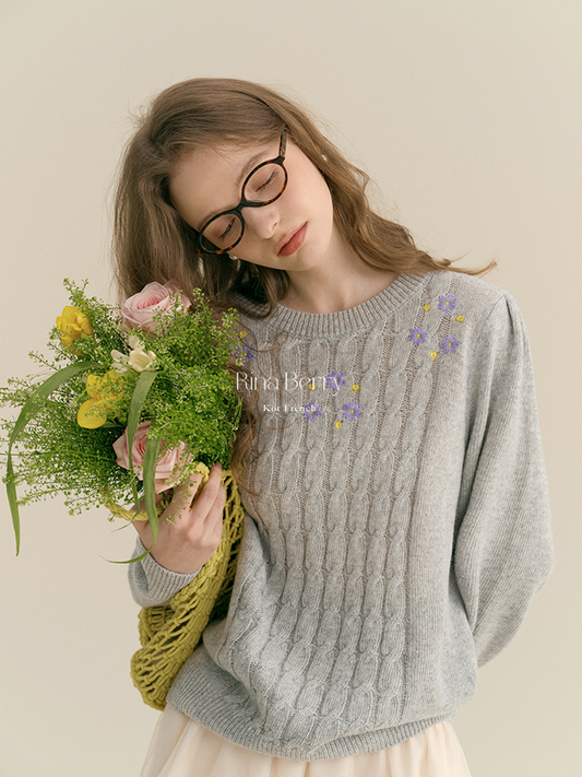 Soft Wool-Blend Cable Knit With Floral Detail