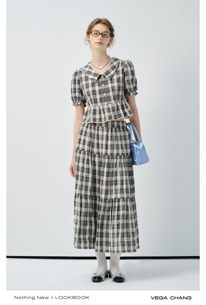 Timeless Cropped Plaid Blouse And Tiered Maxi Skirt