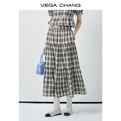 Timeless Cropped Plaid Blouse And Tiered Maxi Skirt