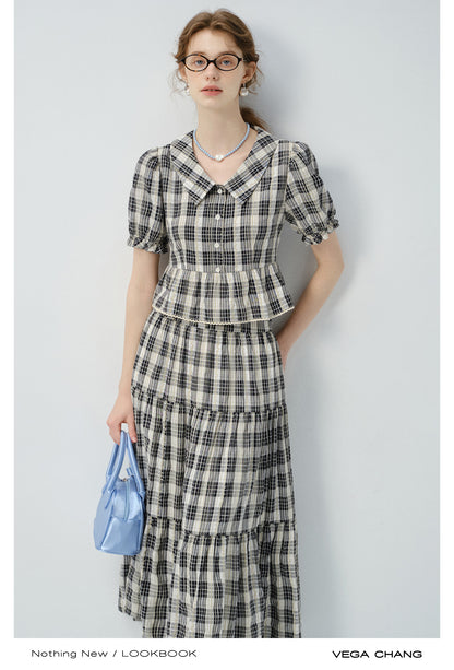 Timeless Cropped Plaid Blouse And Tiered Maxi Skirt