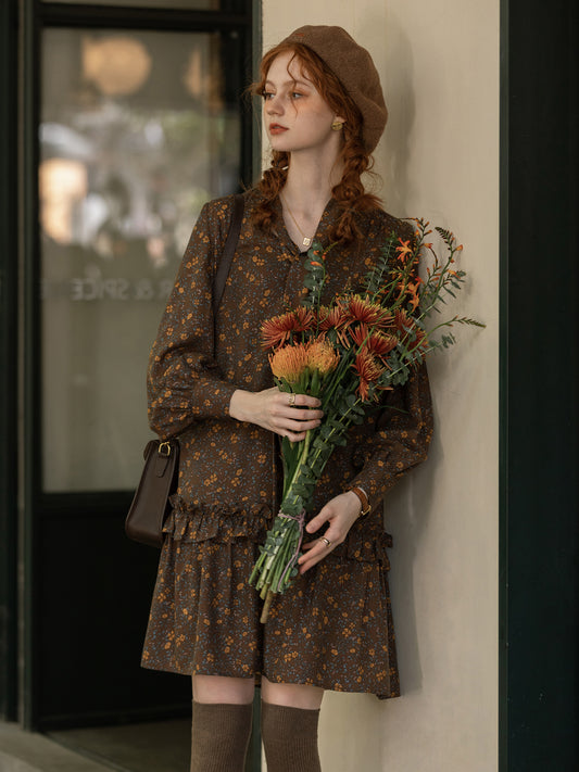 Retro Floral Stripe Textured Tie-Neck Dress