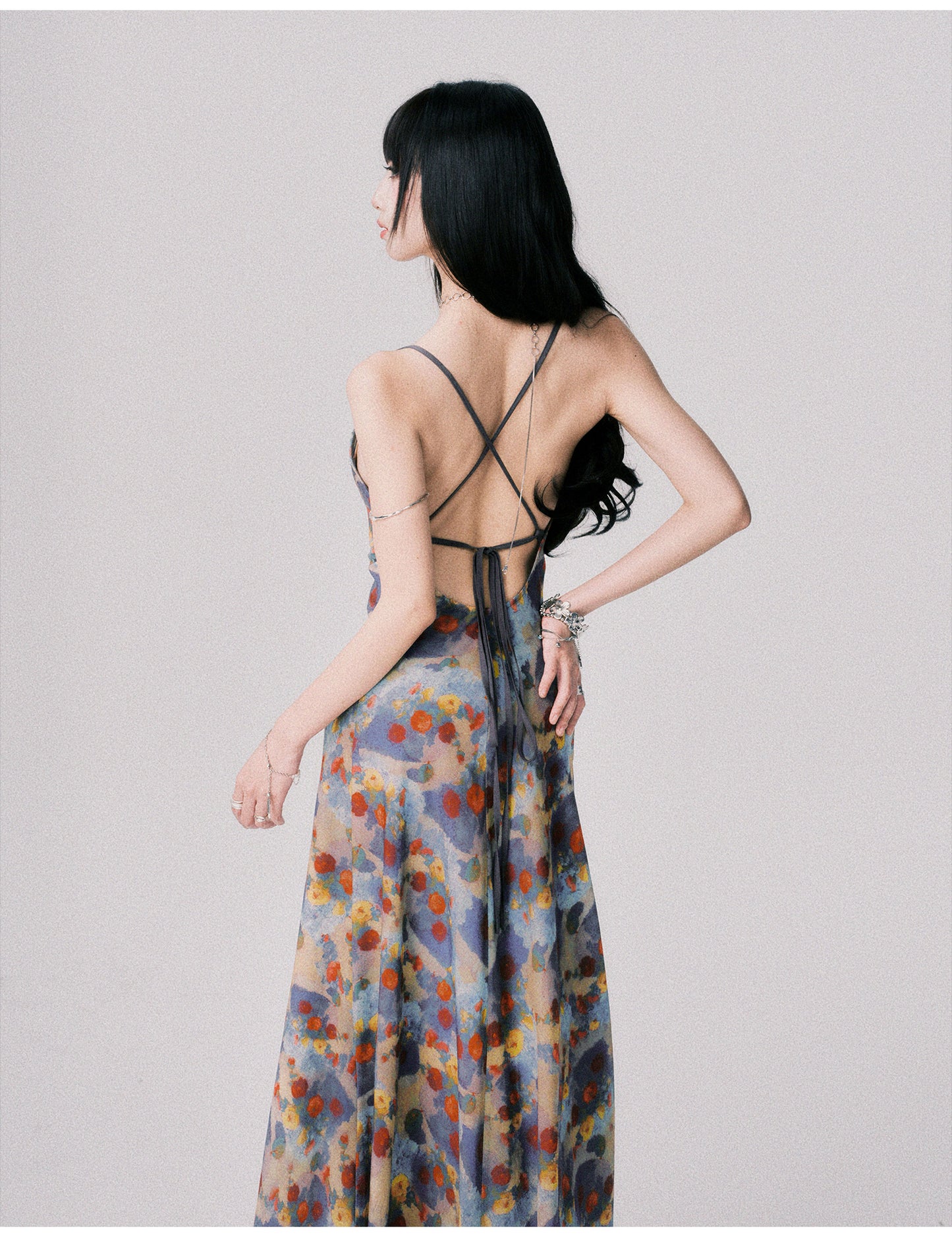 Floral Open-Back Strappy Maxi Dress