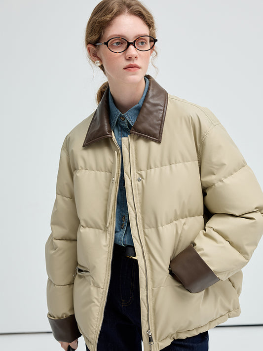 Two-Tone Faux Leather Duck Down Puffer Jacket