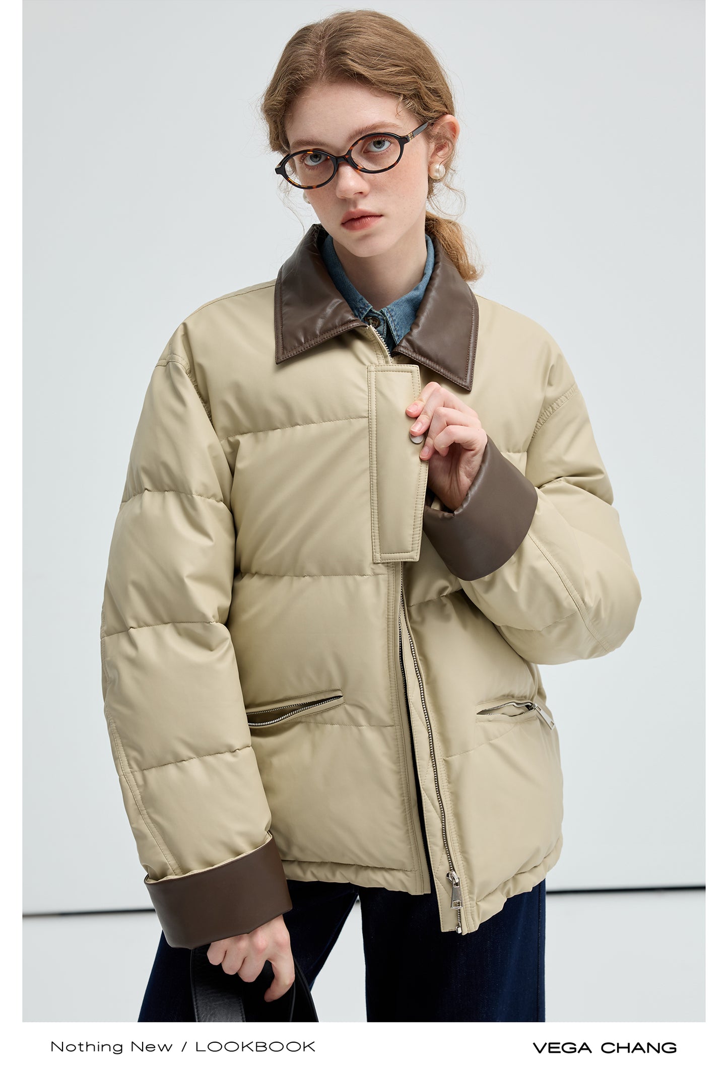 Two-Tone Faux Leather Duck Down Puffer Jacket