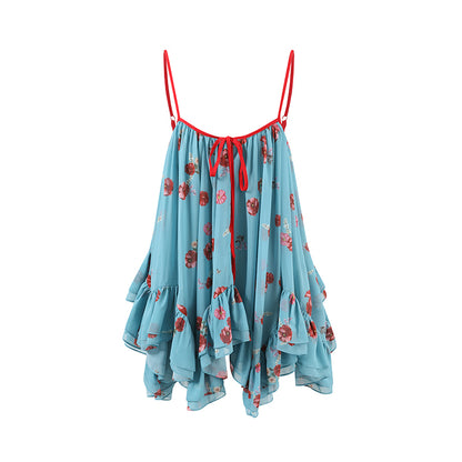 Floral Open-Back Ruffled Volume Cami & Chiffon Tiered Skirt