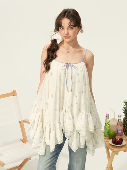 Floral Open-Back Ruffled Volume Cami & Chiffon Tiered Skirt