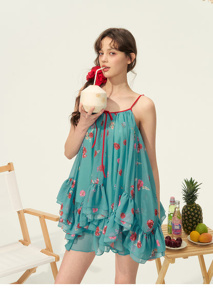 Floral Open-Back Ruffled Volume Cami & Chiffon Tiered Skirt