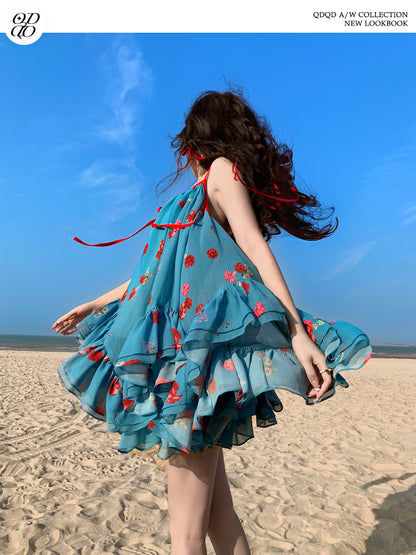 Floral Open-Back Ruffled Volume Cami & Chiffon Tiered Skirt