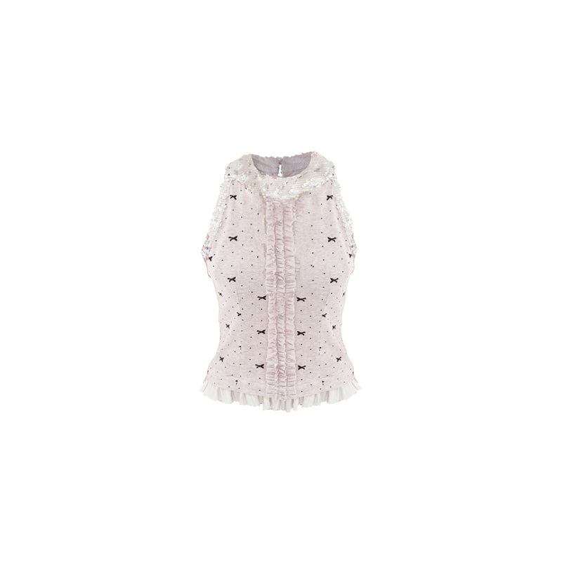 Polka Dot Ruffled Sleeveless Top With Sequin Neckline