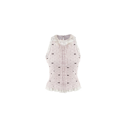 Polka Dot Ruffled Sleeveless Top With Sequin Neckline