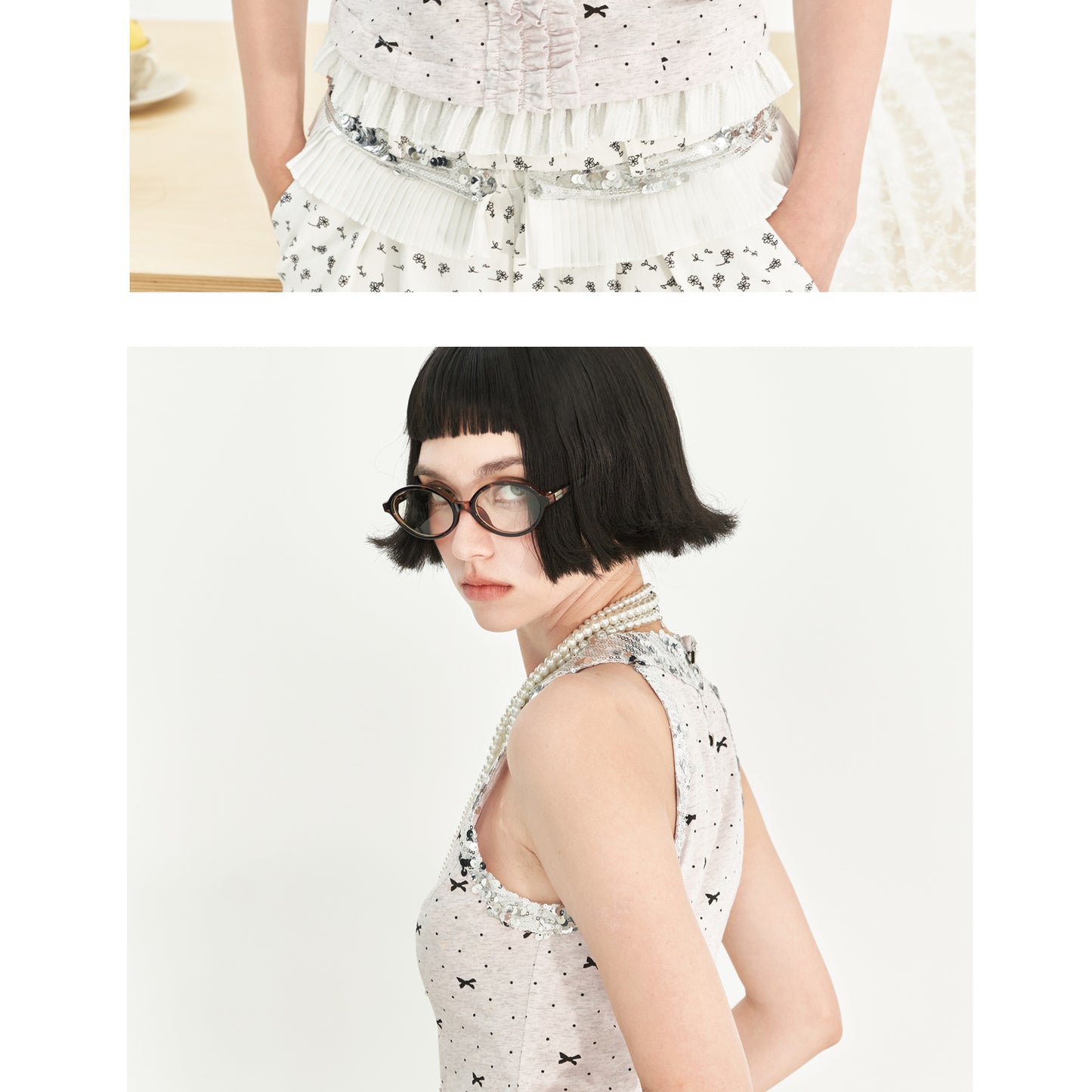 Polka Dot Ruffled Sleeveless Top With Sequin Neckline