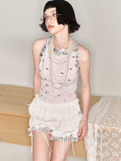 Polka Dot Ruffled Sleeveless Top With Sequin Neckline