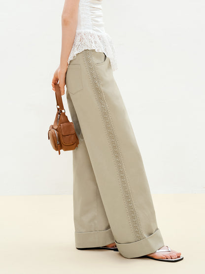 Lace-Detailed Pure Cotton Roll-Up Pants