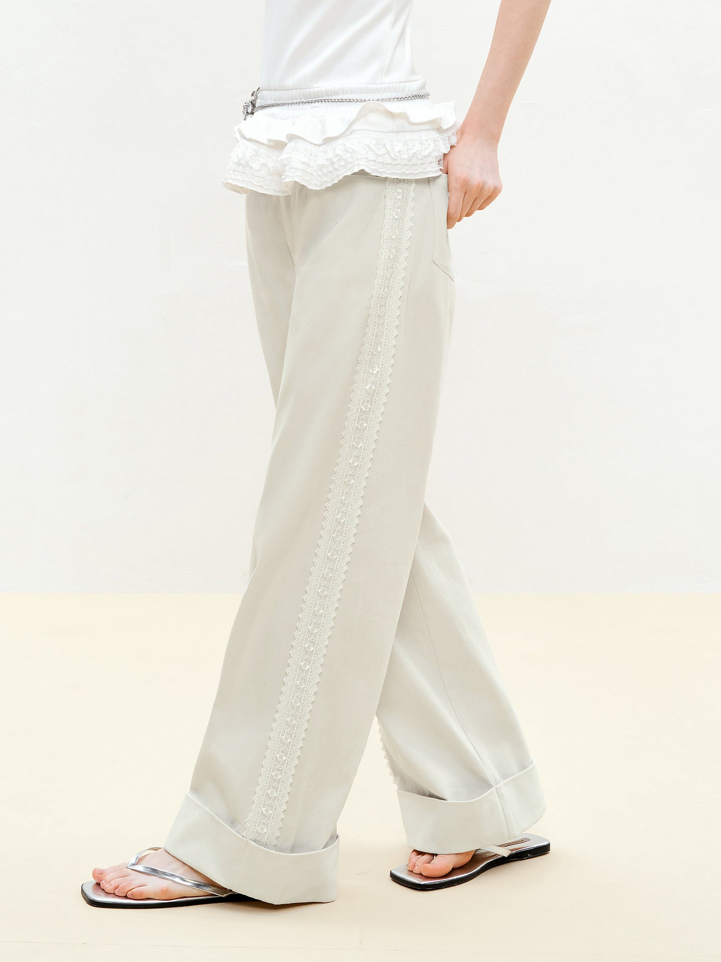 Lace-Detailed Pure Cotton Roll-Up Pants