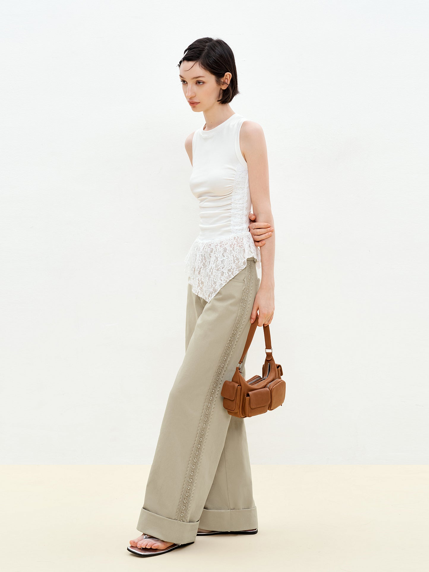 Lace-Detailed Pure Cotton Roll-Up Pants