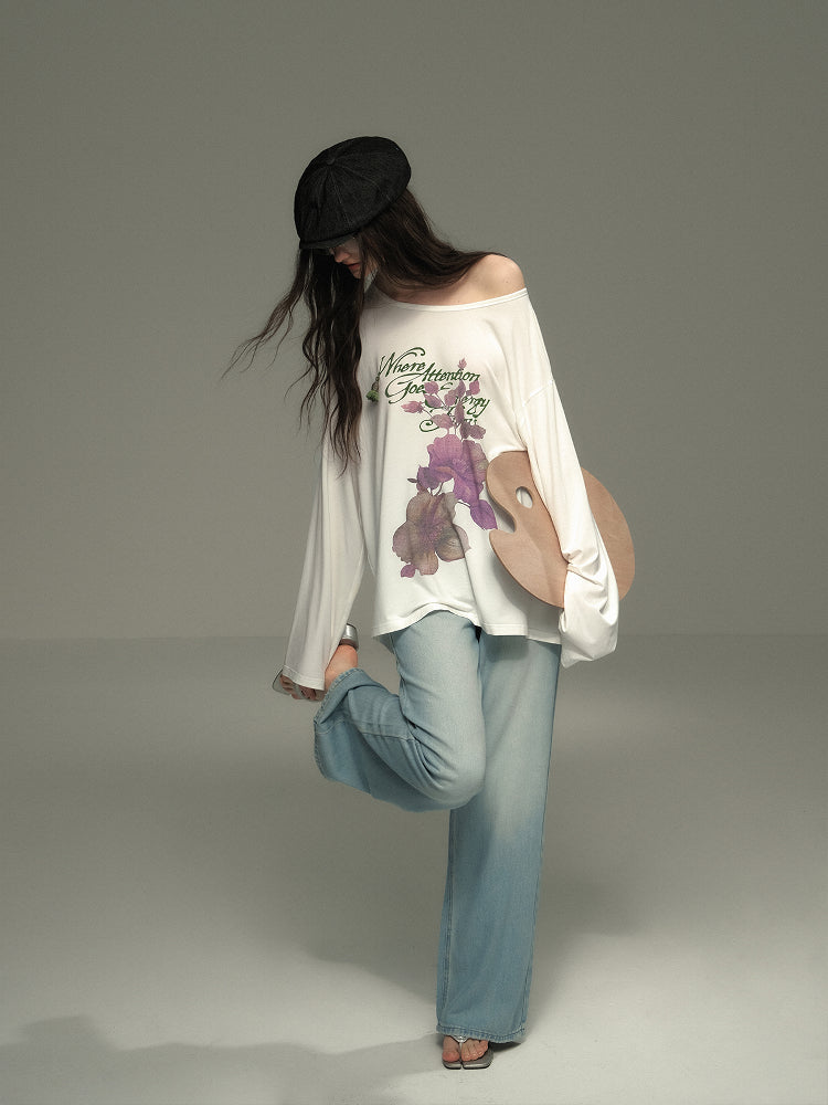 Oversized Off Shoulder Print T-Shirt