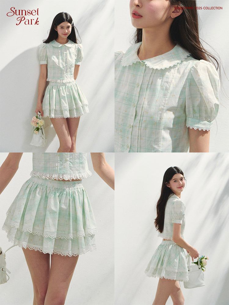 Puff-Sleeve Blouse & Tiered Skirt - Plain Or Plaid