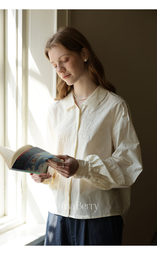 Embroidered Floral Blouse With Pleated Puff Sleeves