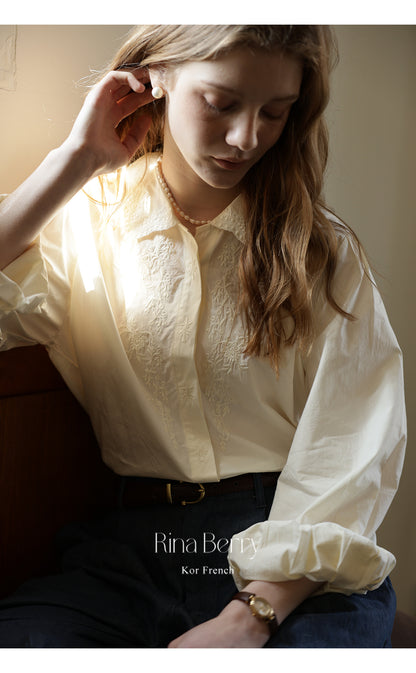 Embroidered Floral Blouse With Pleated Puff Sleeves