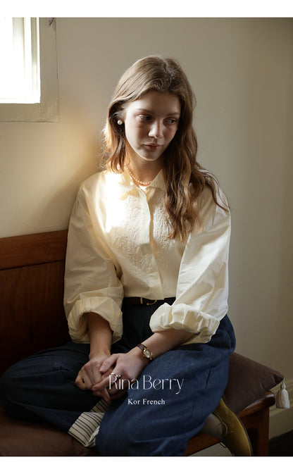 Embroidered Floral Blouse With Pleated Puff Sleeves