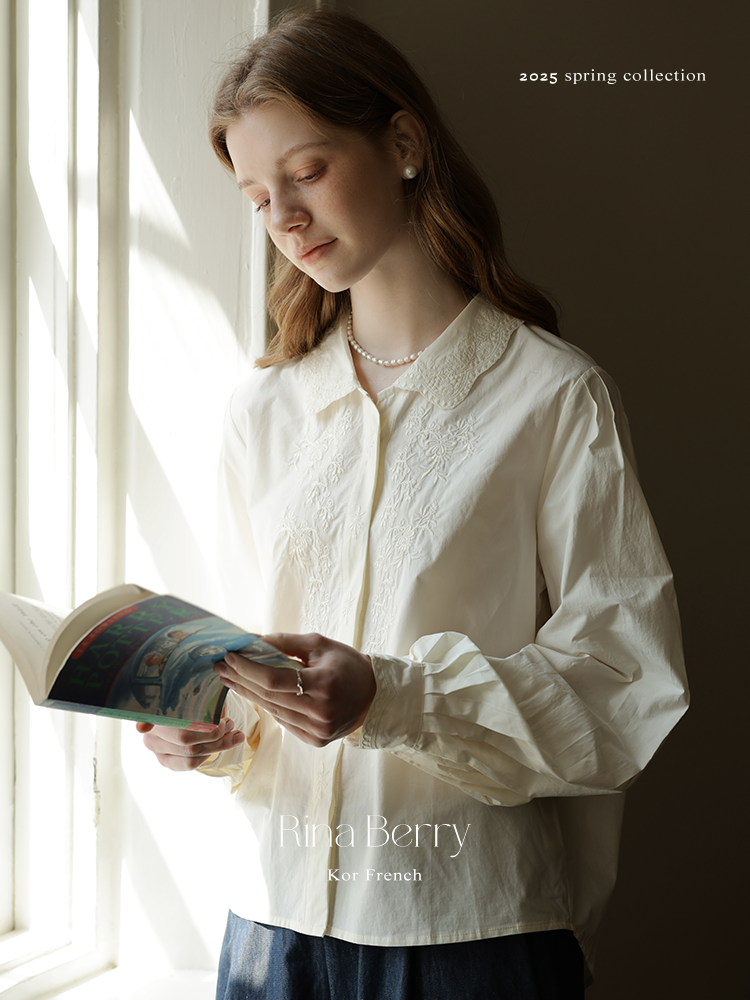 Embroidered Floral Blouse With Pleated Puff Sleeves