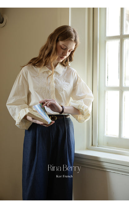 Embroidered Floral Blouse With Pleated Puff Sleeves