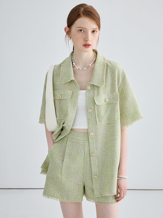 Boxy Button-Up Fringed Cropped Shirt And Matching Shorts