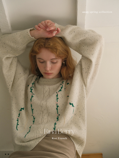 Melange Sweater With Botanical Vine Floral Embroidery