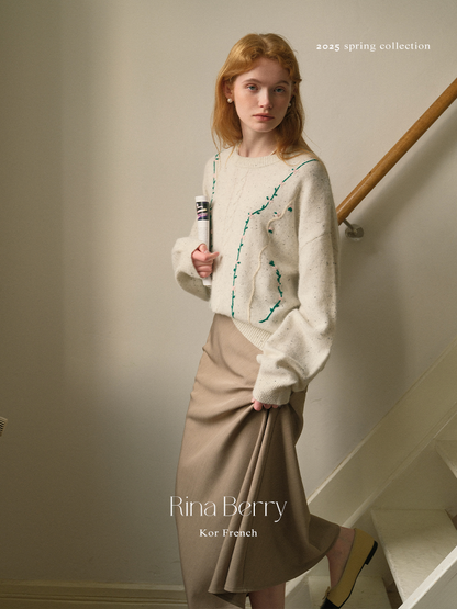 Melange Sweater With Botanical Vine Floral Embroidery