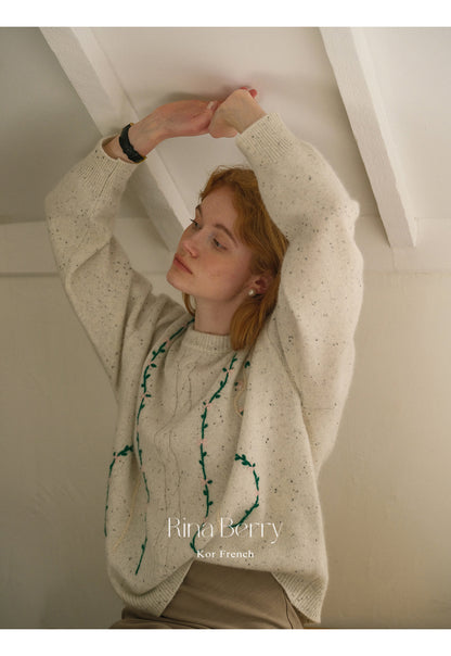 Melange Sweater With Botanical Vine Floral Embroidery