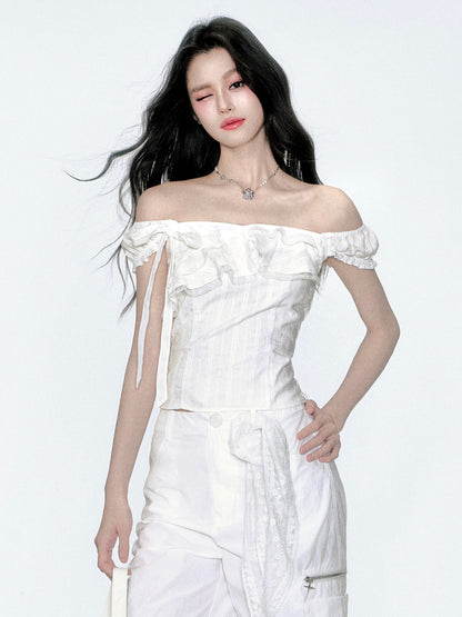 Two-Way Shoulder Ruffled Top With Stripe Embroidery