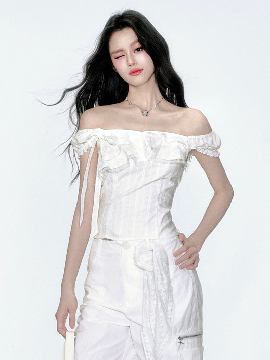 Two-Way Shoulder Ruffled Top With Stripe Embroidery