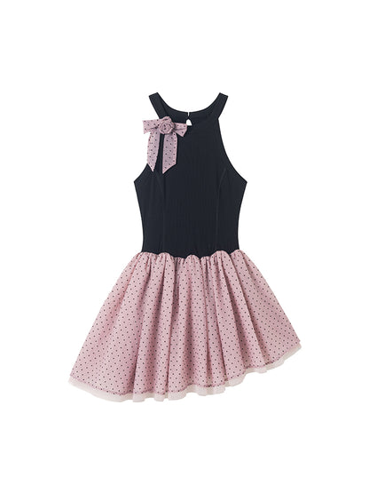 Asymmetric Hem Polka Dot Sleeveless Dress With Bow