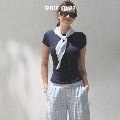 Layered-Look Plaid Scarf Accent T-Shirt