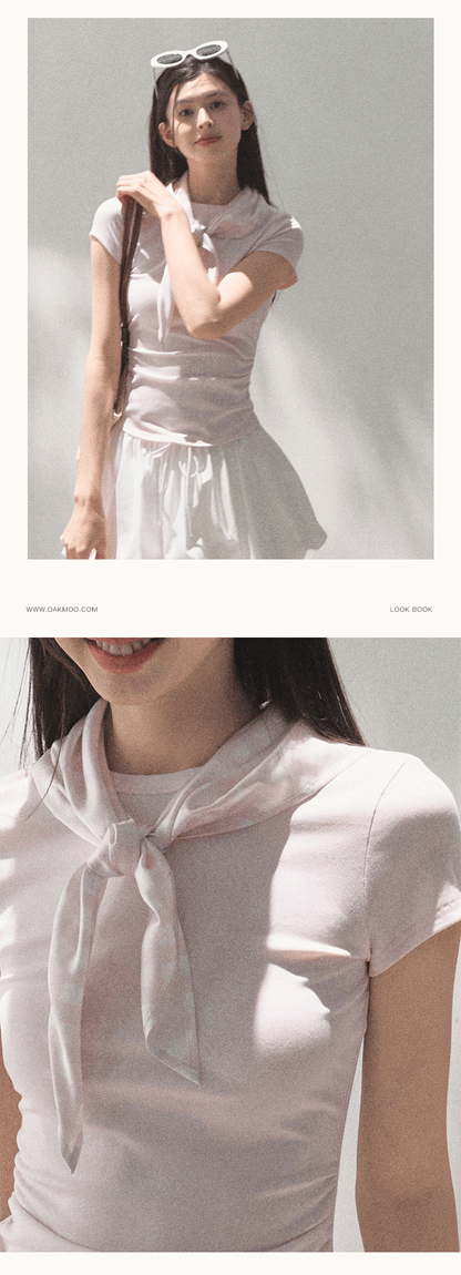 Layered-Look Plaid Scarf Accent T-Shirt