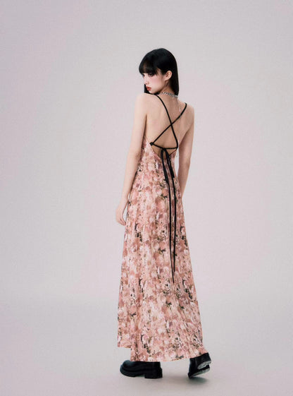 Floral Cross-Strap Dress With Front Slit