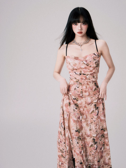 Floral Cross-Strap Dress With Front Slit