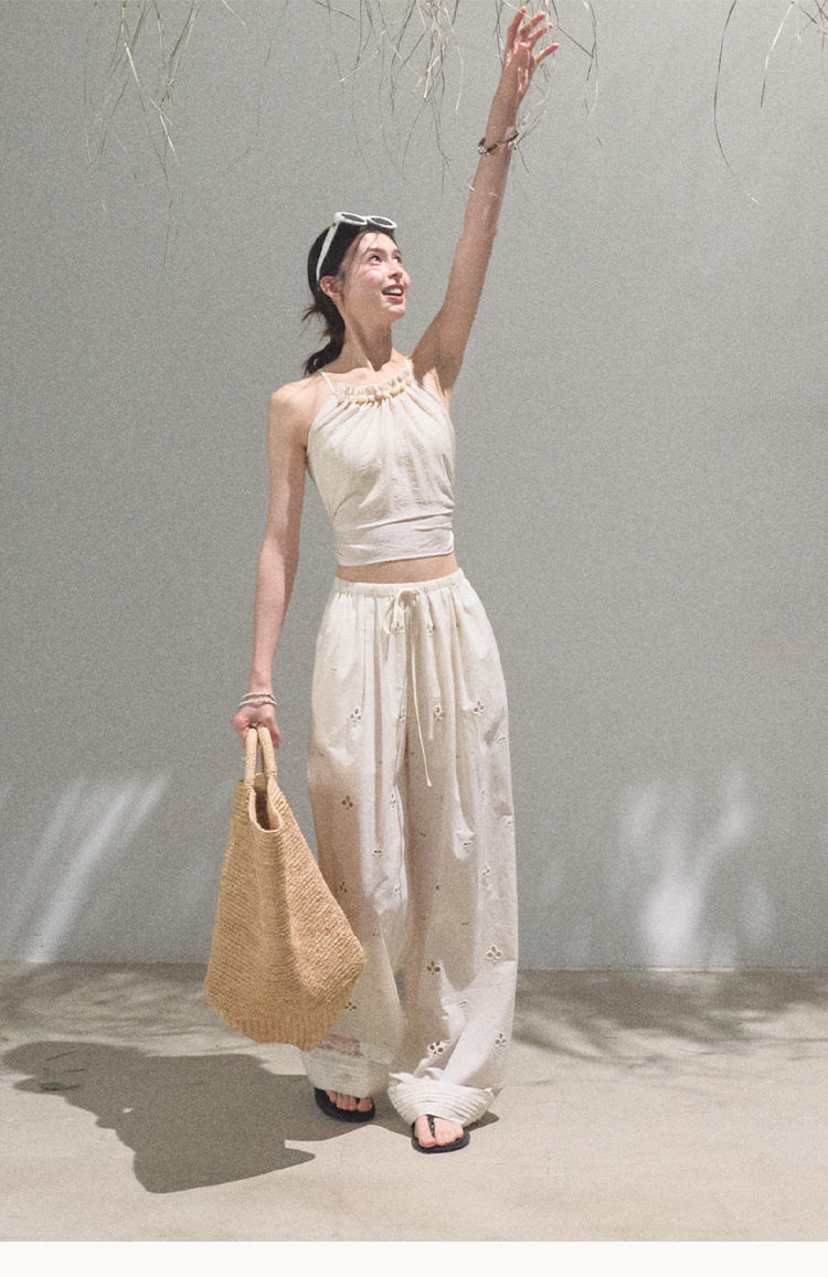 Eyelet Embroidered Wide-Leg Cotton Pants