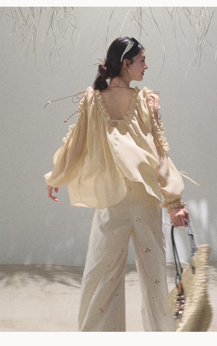 Eyelet Embroidered Wide-Leg Cotton Pants