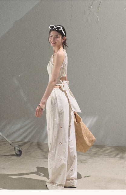 Eyelet Embroidered Wide-Leg Cotton Pants