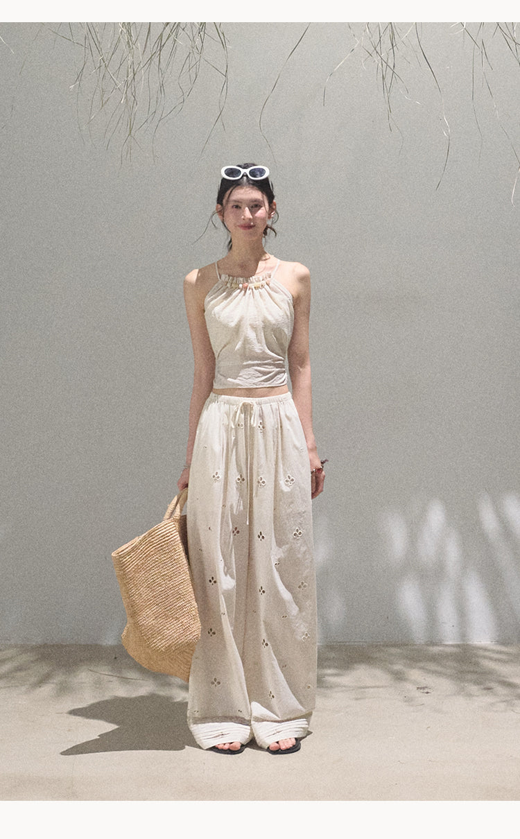 Eyelet Embroidered Wide-Leg Cotton Pants