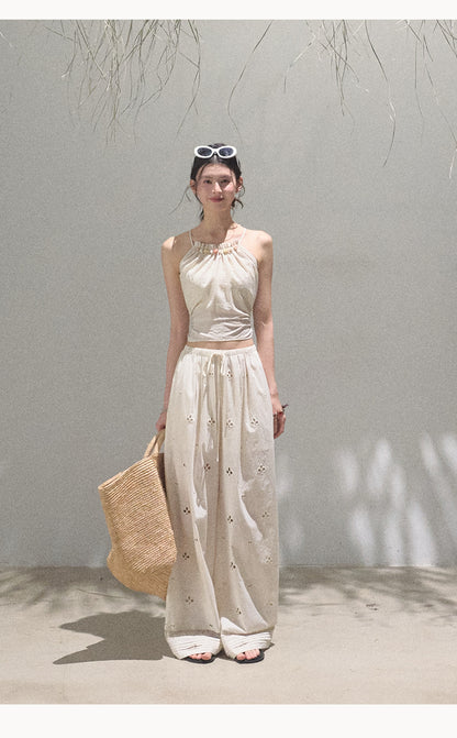 Eyelet Embroidered Wide-Leg Cotton Pants