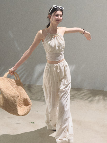 Eyelet Embroidered Wide-Leg Cotton Pants