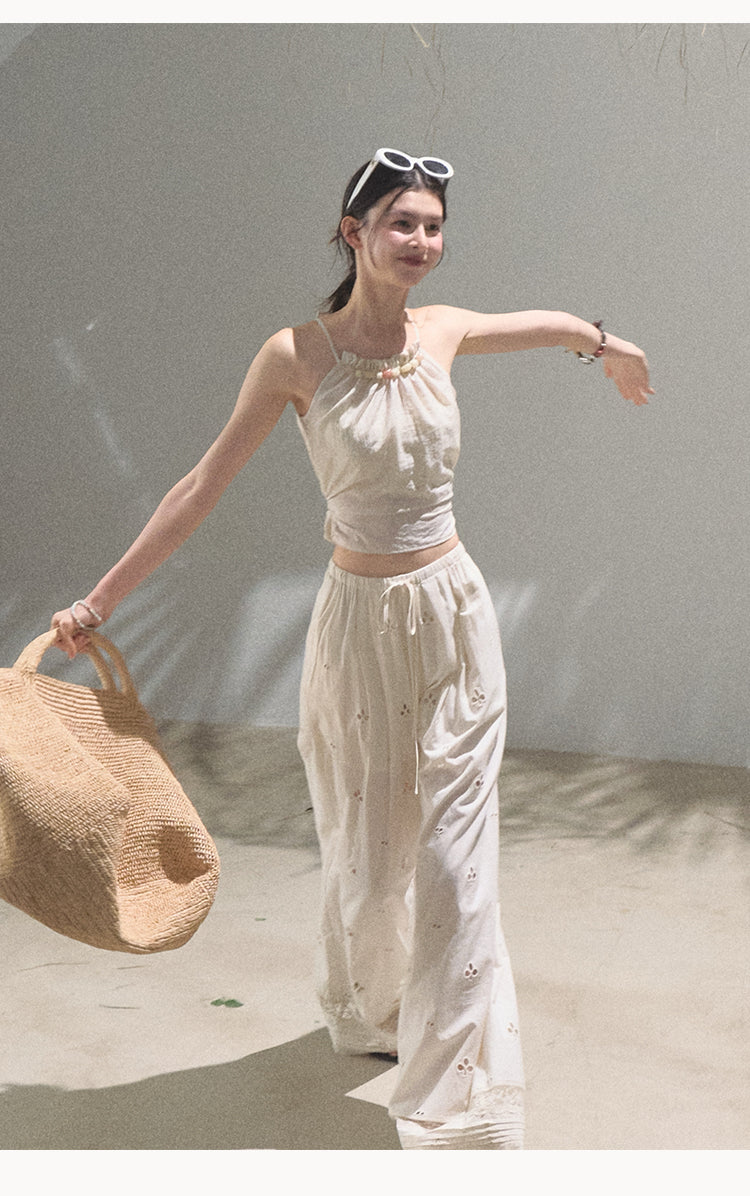 Eyelet Embroidered Wide-Leg Cotton Pants