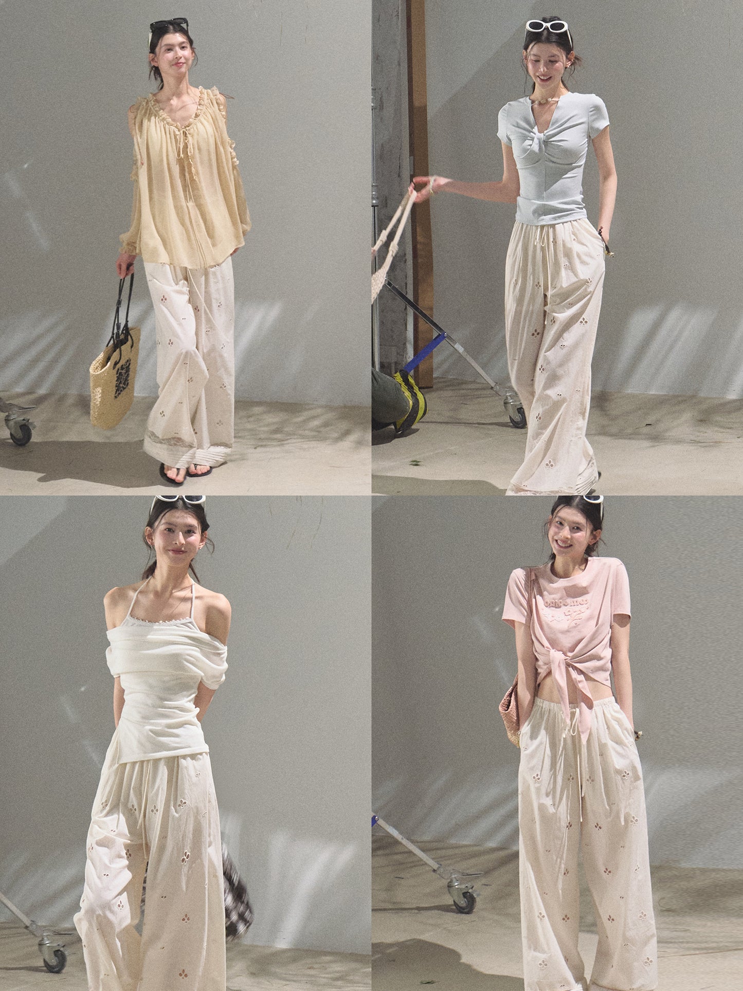 Eyelet Embroidered Wide-Leg Cotton Pants