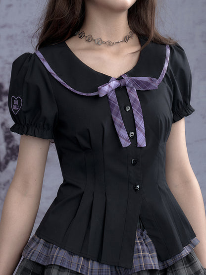 Peter Pan Collar Puff-Sleeve Tailored Blouse