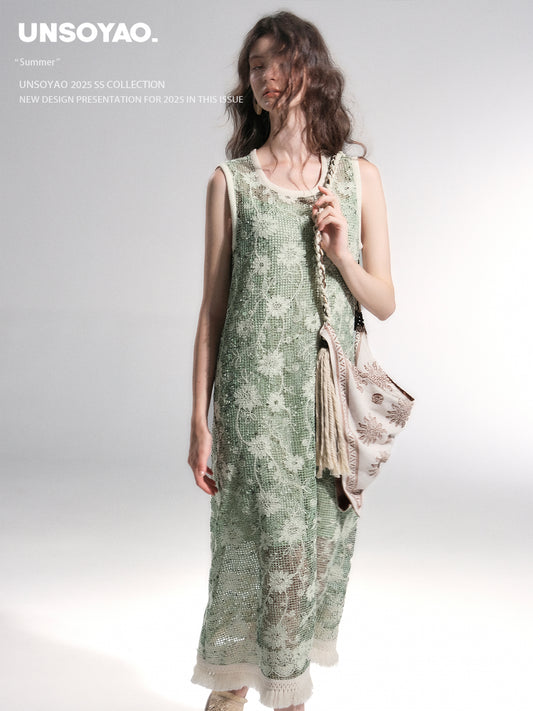 Fringed Sequin Floral Mesh Dress