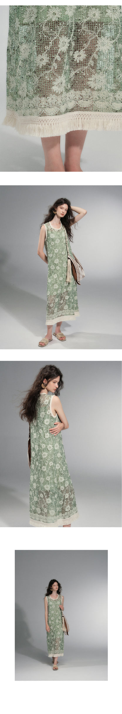 Fringed Sequin Floral Mesh Dress